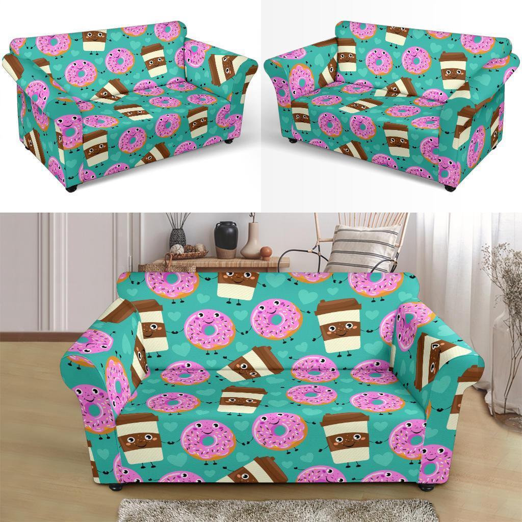 Coffee Donut Pattern Print Loveseat Cover-grizzshop