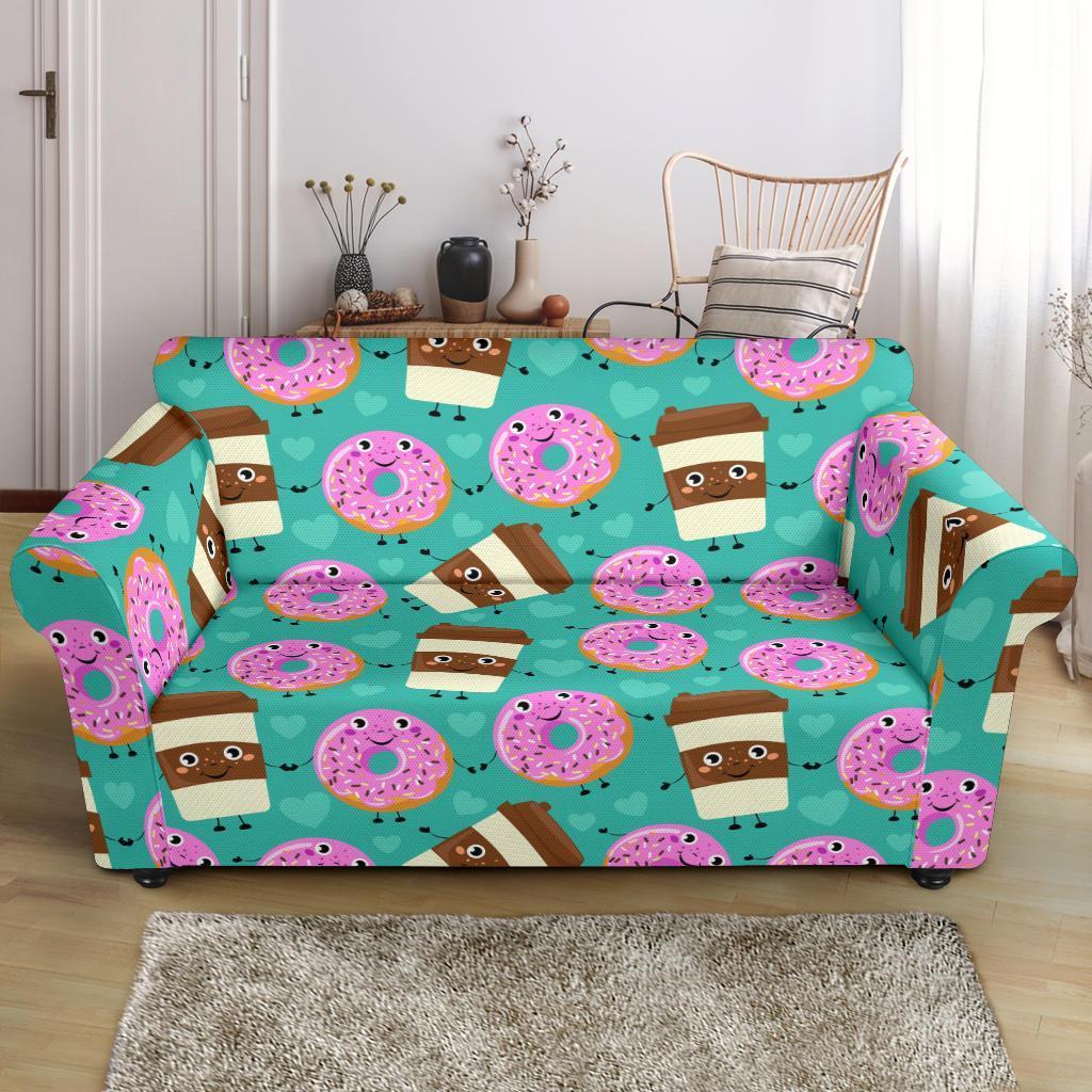 Coffee Donut Pattern Print Loveseat Cover-grizzshop