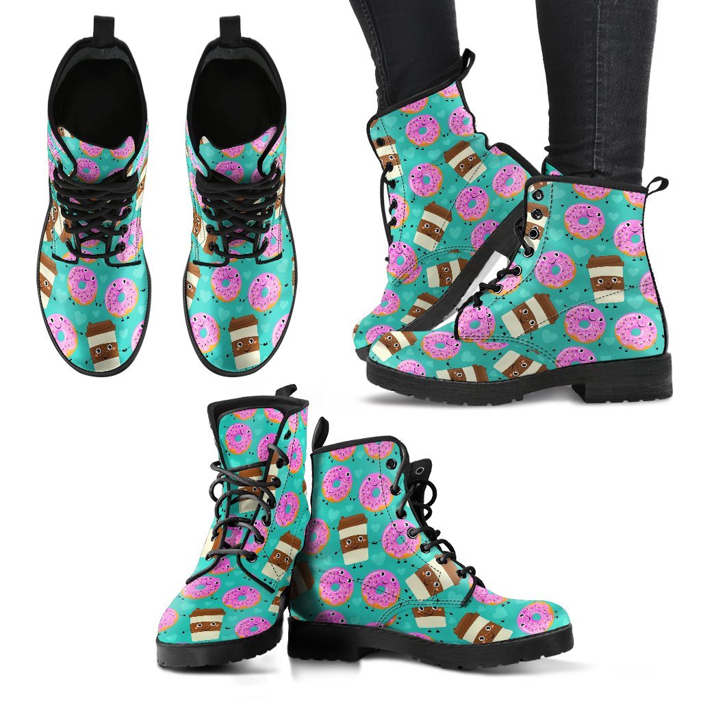 Coffee Donut Pattern Print Men Women Leather Boots-grizzshop