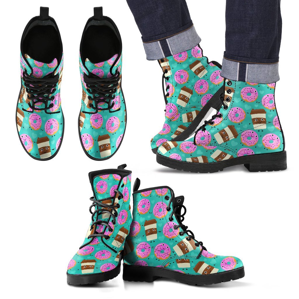 Coffee Donut Pattern Print Men Women Leather Boots-grizzshop