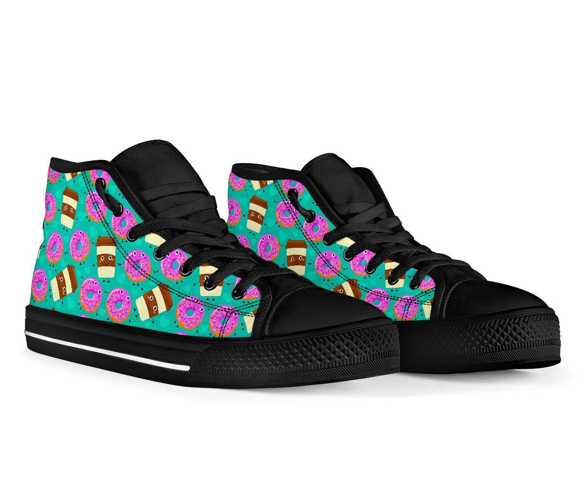 Coffee Donut Pattern Print Men Women's High Top Shoes-grizzshop