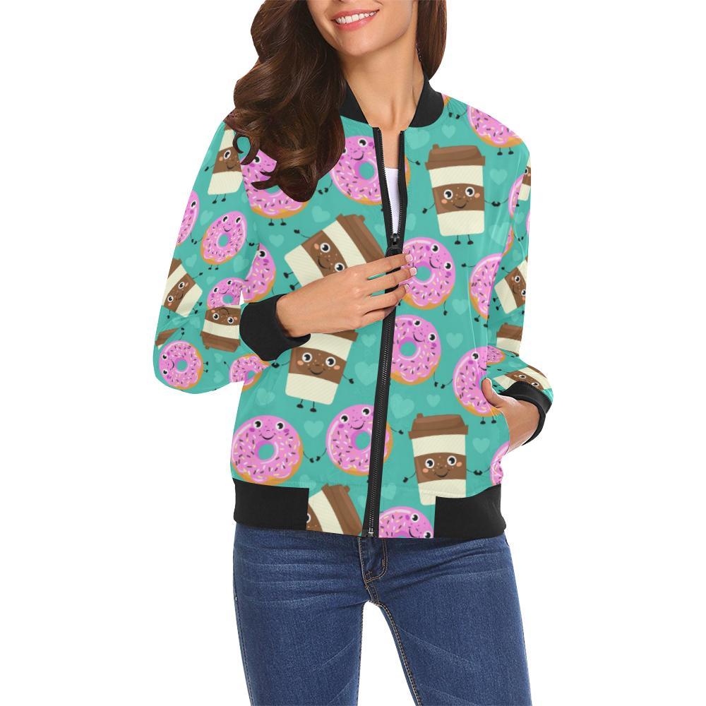 Coffee Donut Pattern Print Women Casual Bomber Jacket-grizzshop