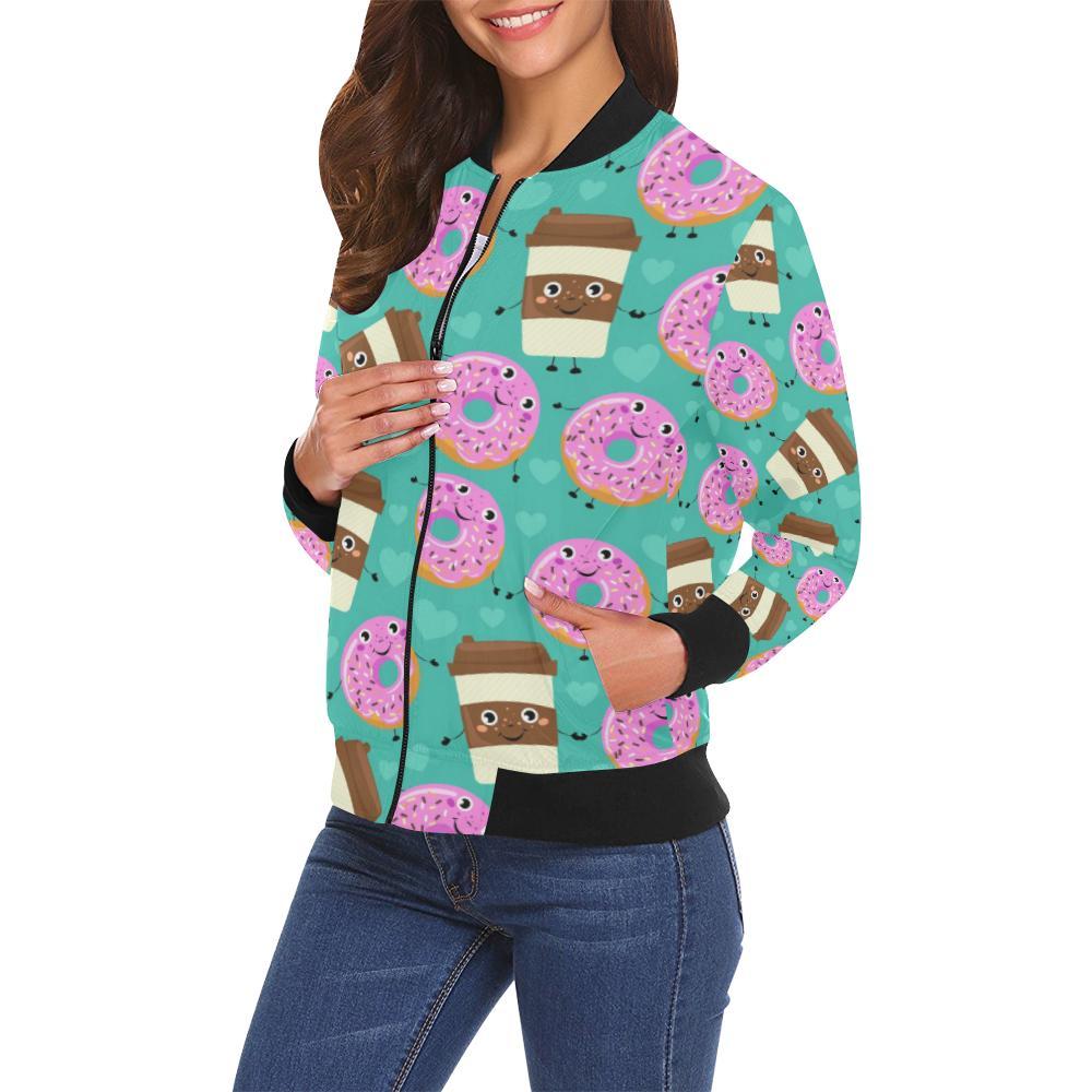 Coffee Donut Pattern Print Women Casual Bomber Jacket-grizzshop
