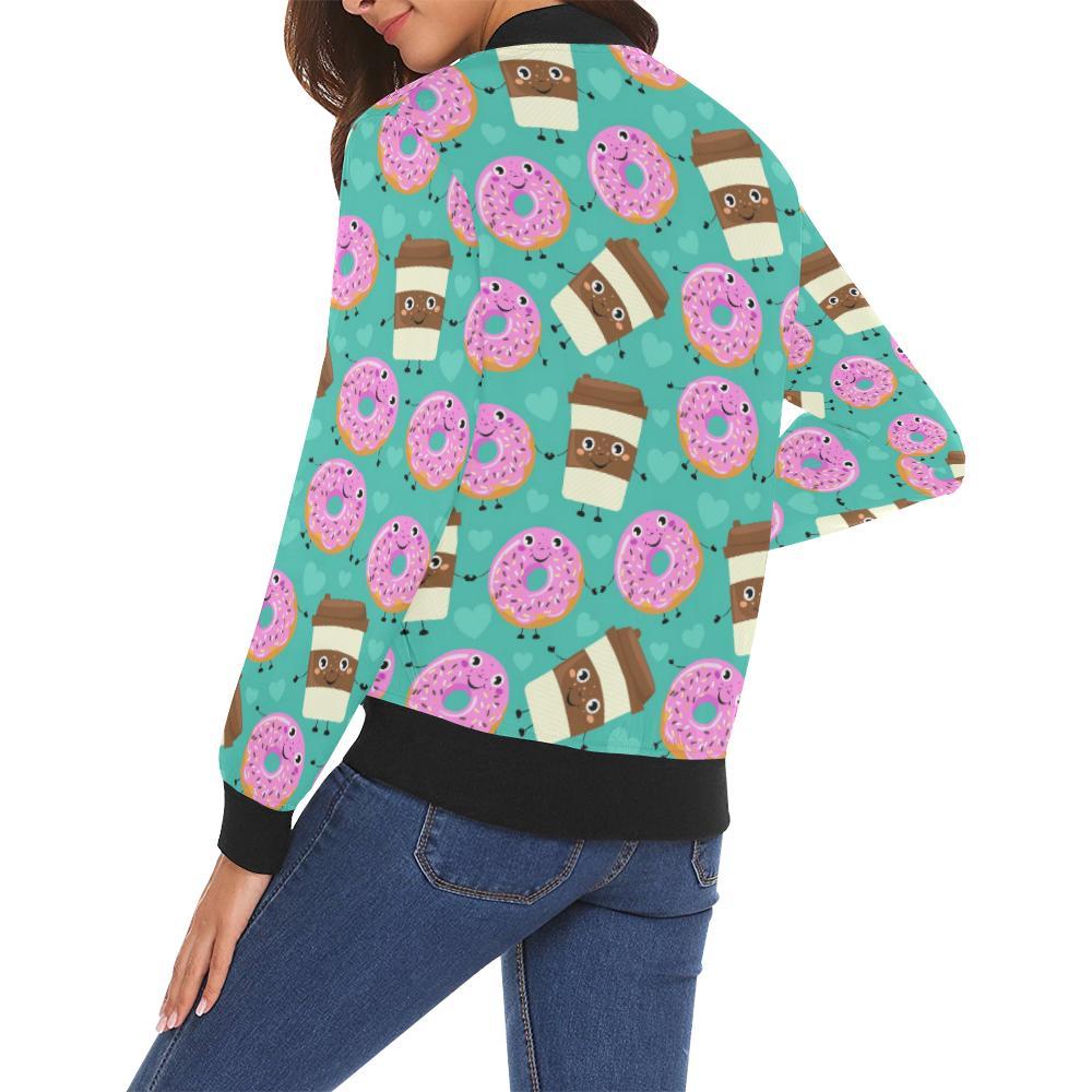 Coffee Donut Pattern Print Women Casual Bomber Jacket-grizzshop