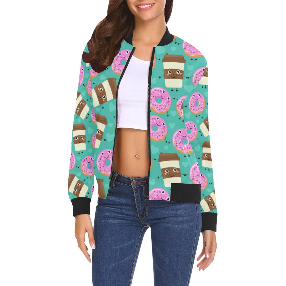 Coffee Donut Pattern Print Women Casual Bomber Jacket-grizzshop