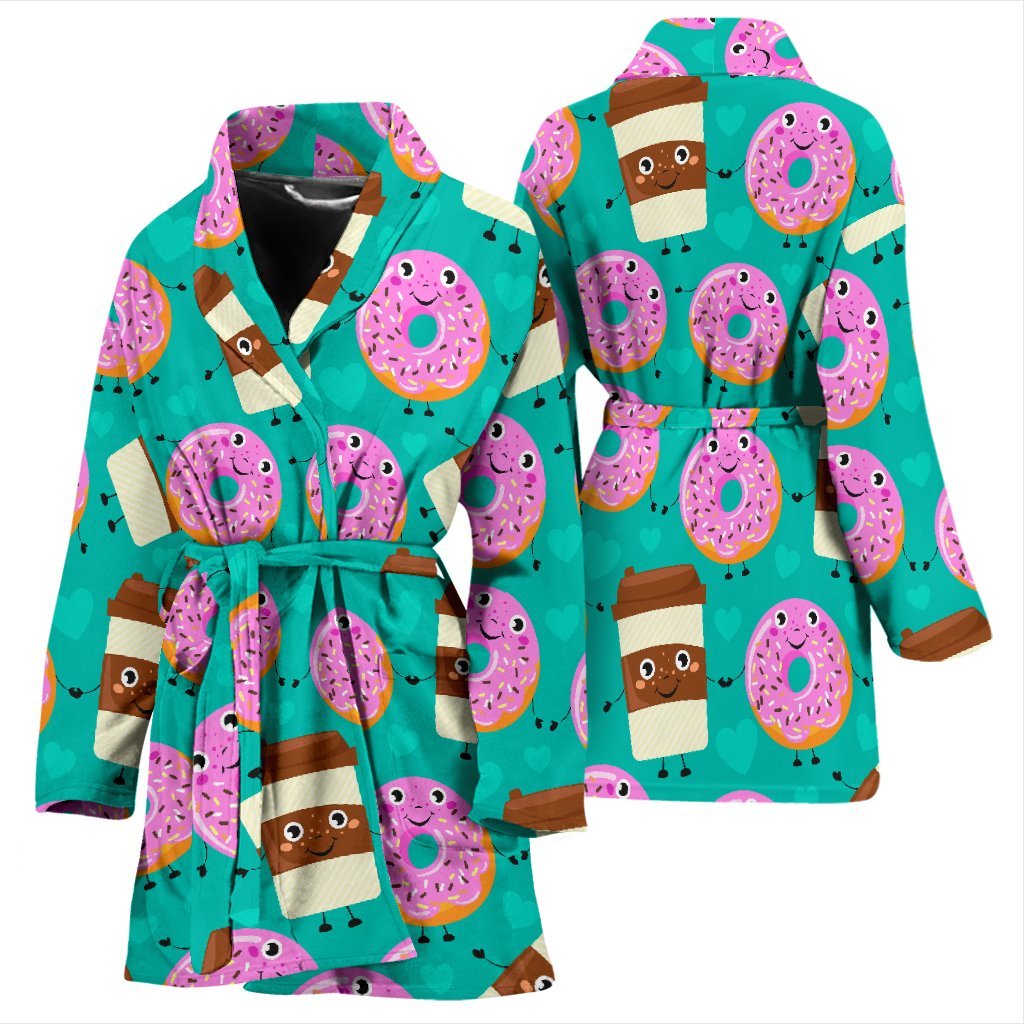 Coffee Donut Pattern Print Women Long Robe-grizzshop