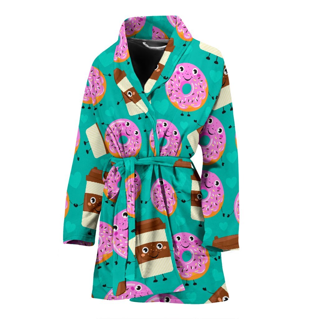 Coffee Donut Pattern Print Women Long Robe-grizzshop