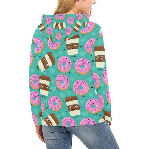 Coffee Donut Pattern Print Women Pullover Hoodie-grizzshop