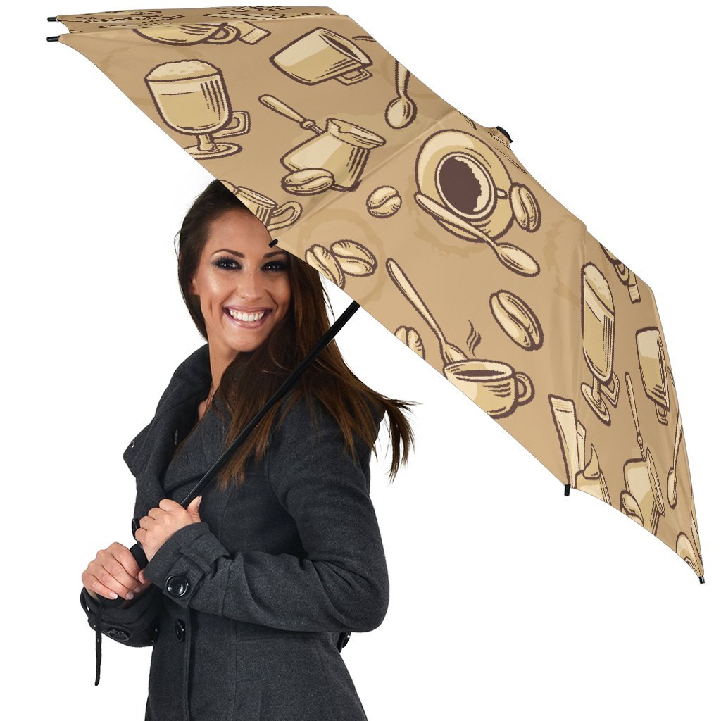 Coffee Pattern Print Automatic Foldable Umbrella-grizzshop