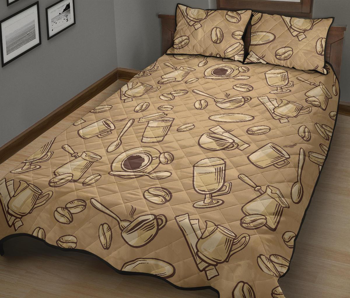 Coffee Pattern Print Bed Set Quilt-grizzshop