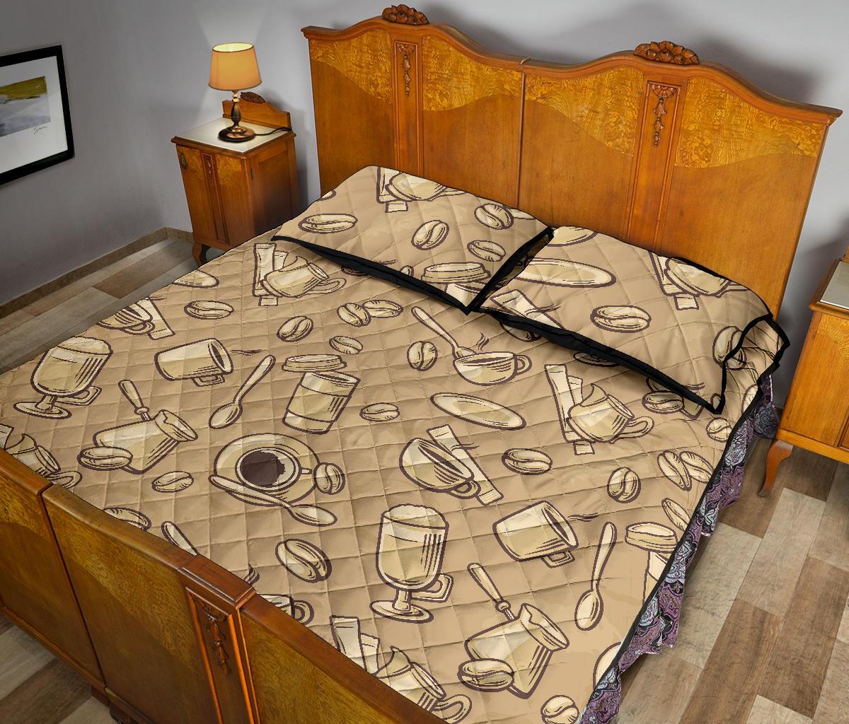 Coffee Pattern Print Bed Set Quilt-grizzshop