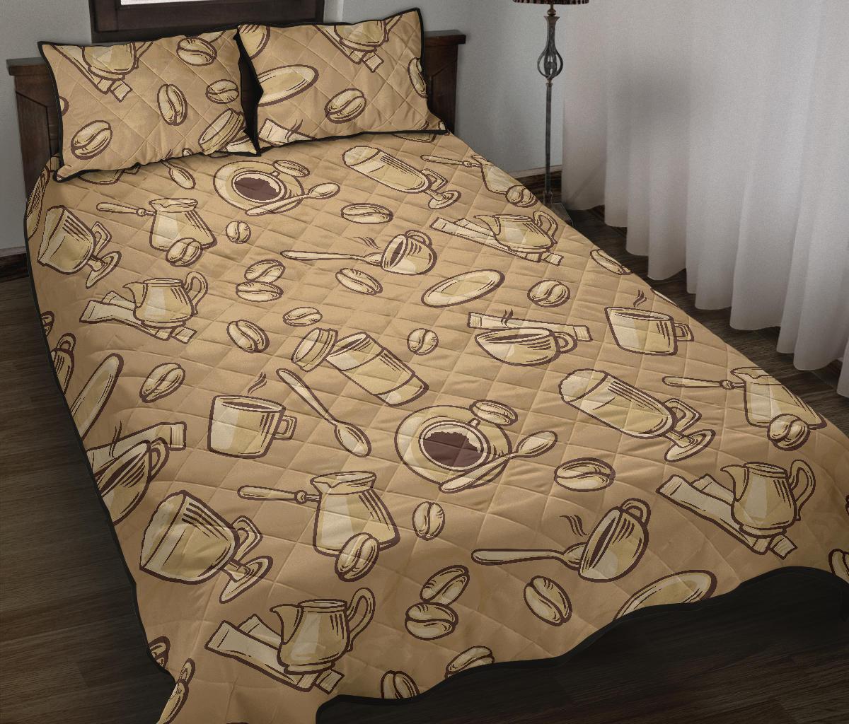 Coffee Pattern Print Bed Set Quilt-grizzshop