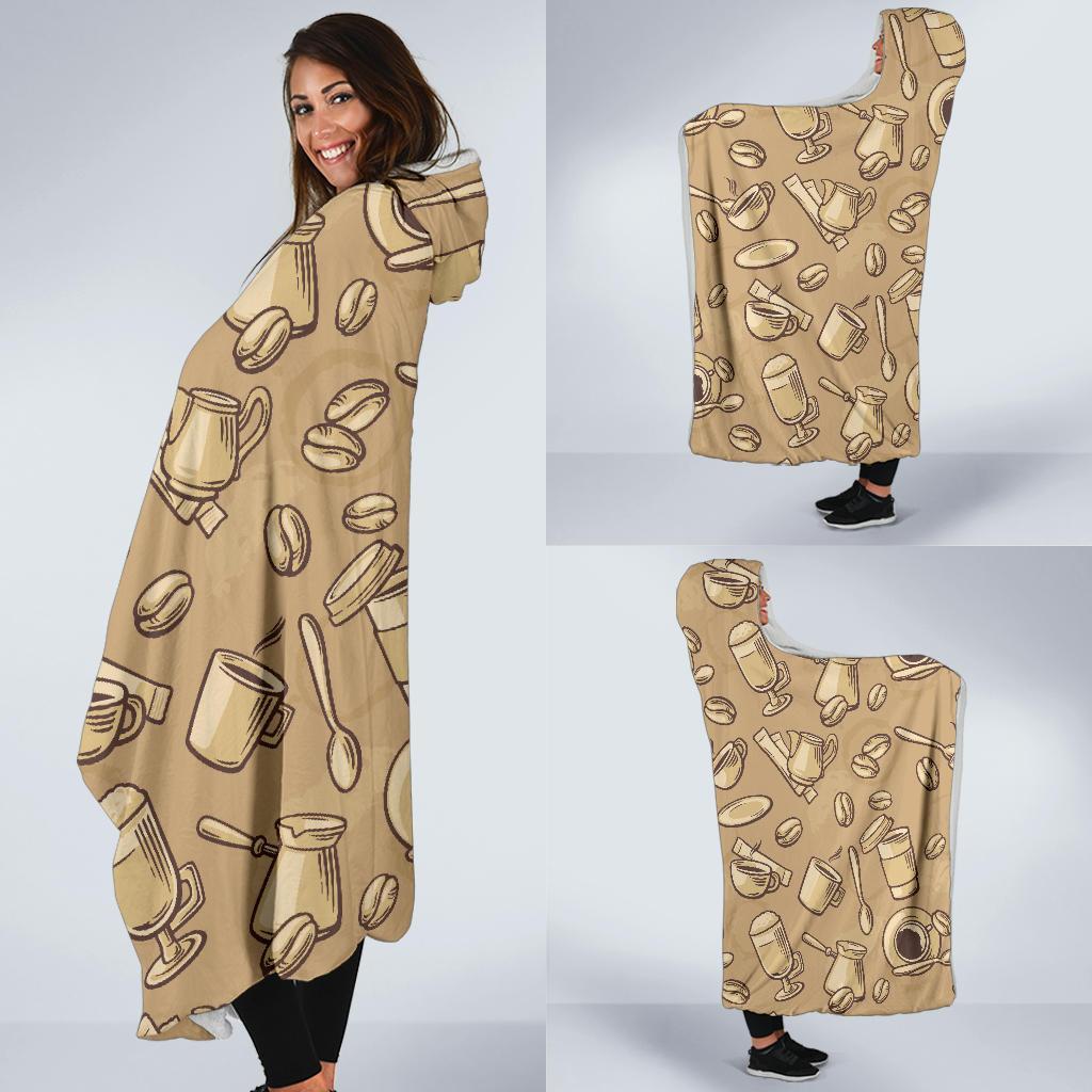 Coffee Pattern Print Hooded Blanket-grizzshop