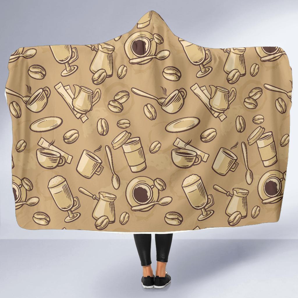 Coffee Pattern Print Hooded Blanket-grizzshop