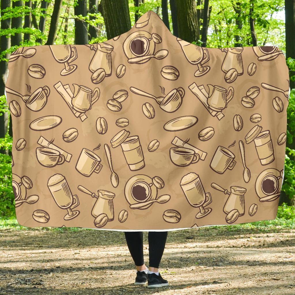 Coffee Pattern Print Hooded Blanket-grizzshop