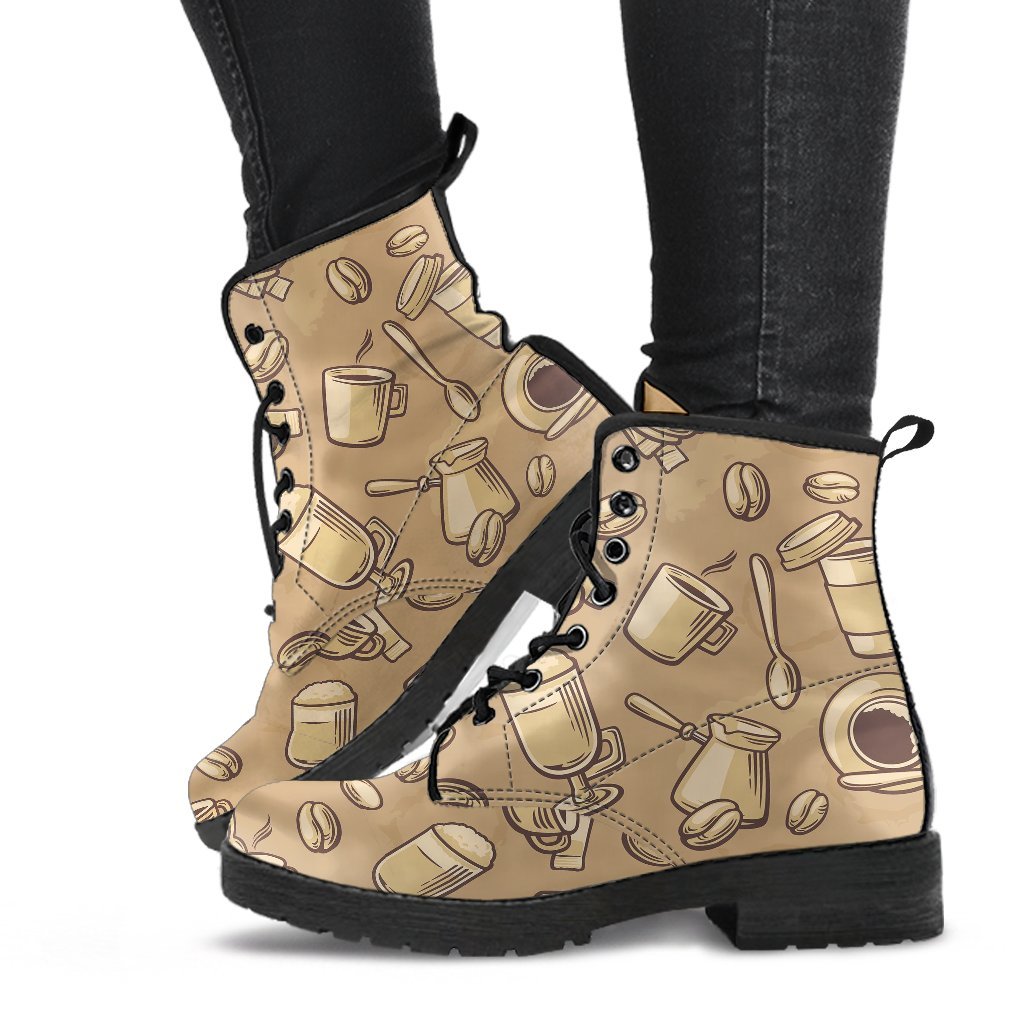 Coffee Pattern Print Men Women Leather Boots-grizzshop