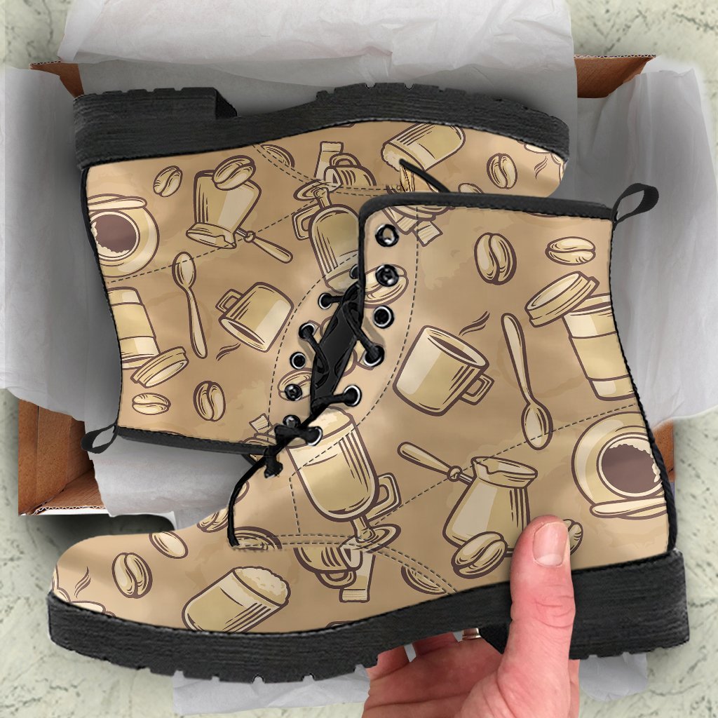 Coffee Pattern Print Men Women Leather Boots-grizzshop