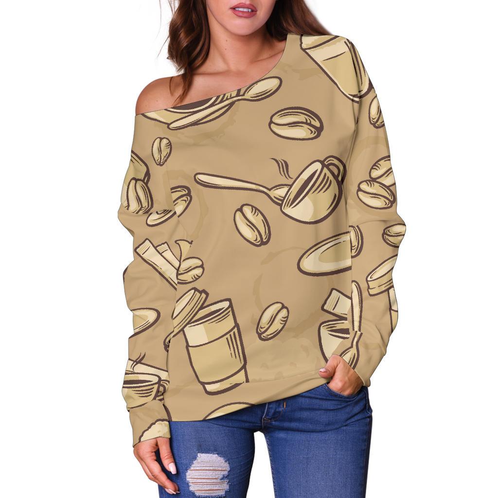 Coffee Pattern Print Women Off Shoulder Sweatshirt-grizzshop