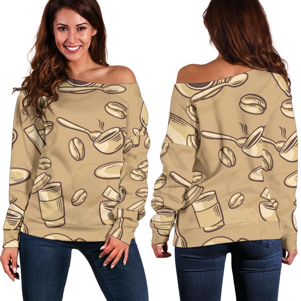 Coffee Pattern Print Women Off Shoulder Sweatshirt-grizzshop