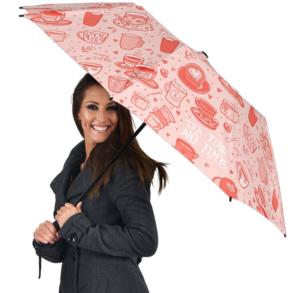 Coffee Pink Pattern Print Automatic Foldable Umbrella-grizzshop