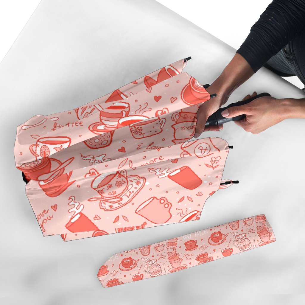 Coffee Pink Pattern Print Automatic Foldable Umbrella-grizzshop