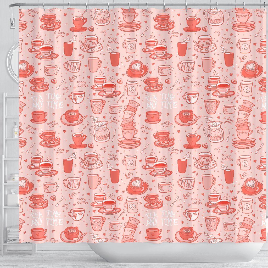 Coffee Pink Pattern Print Bathroom Shower Curtain-grizzshop