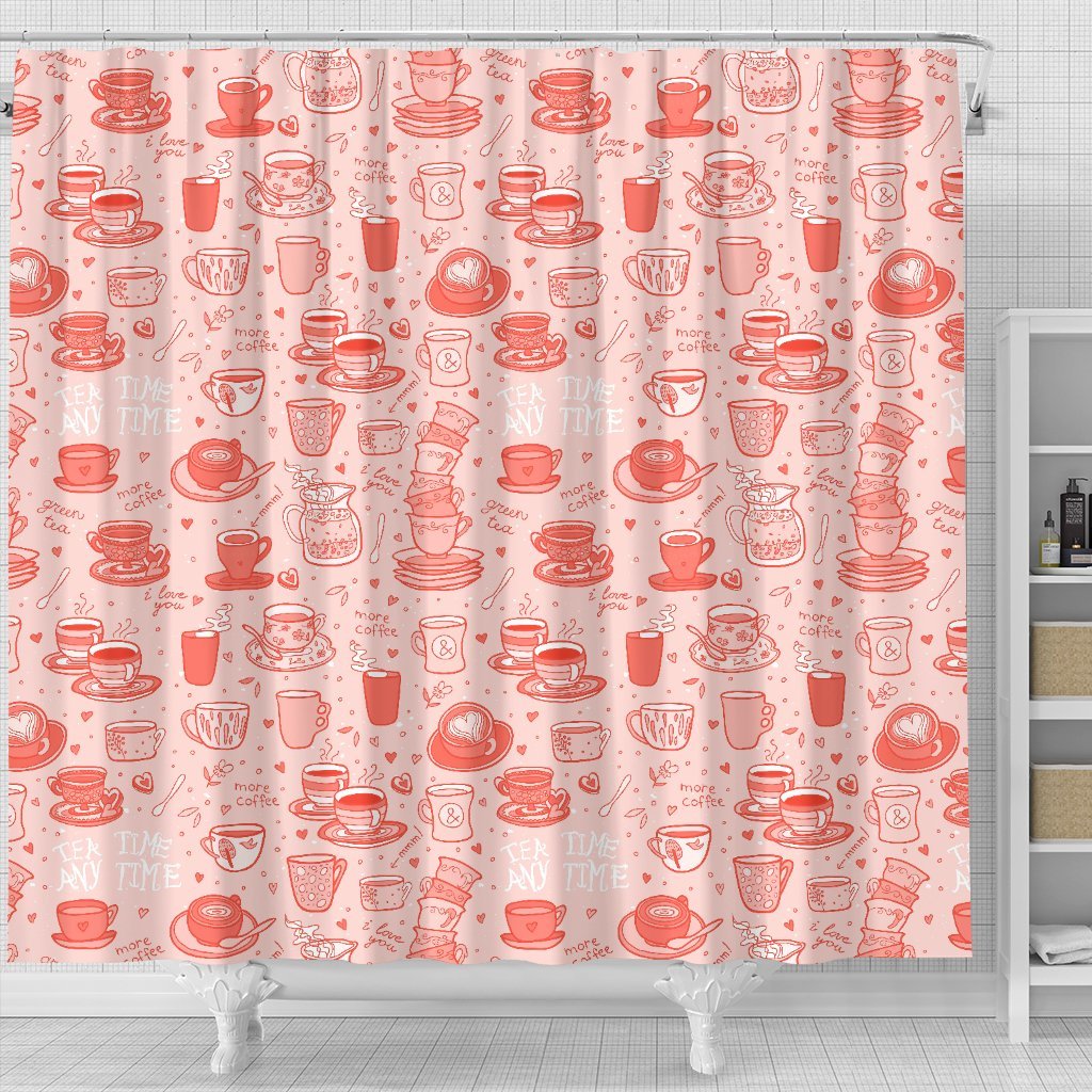 Coffee Pink Pattern Print Bathroom Shower Curtain-grizzshop