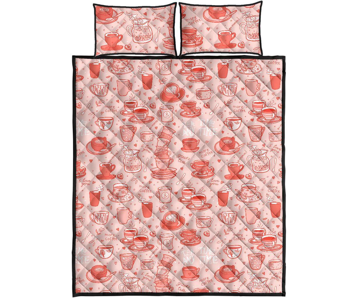 Coffee Pink Pattern Print Bed Set Quilt-grizzshop