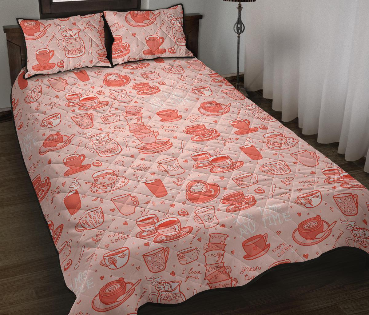 Coffee Pink Pattern Print Bed Set Quilt-grizzshop