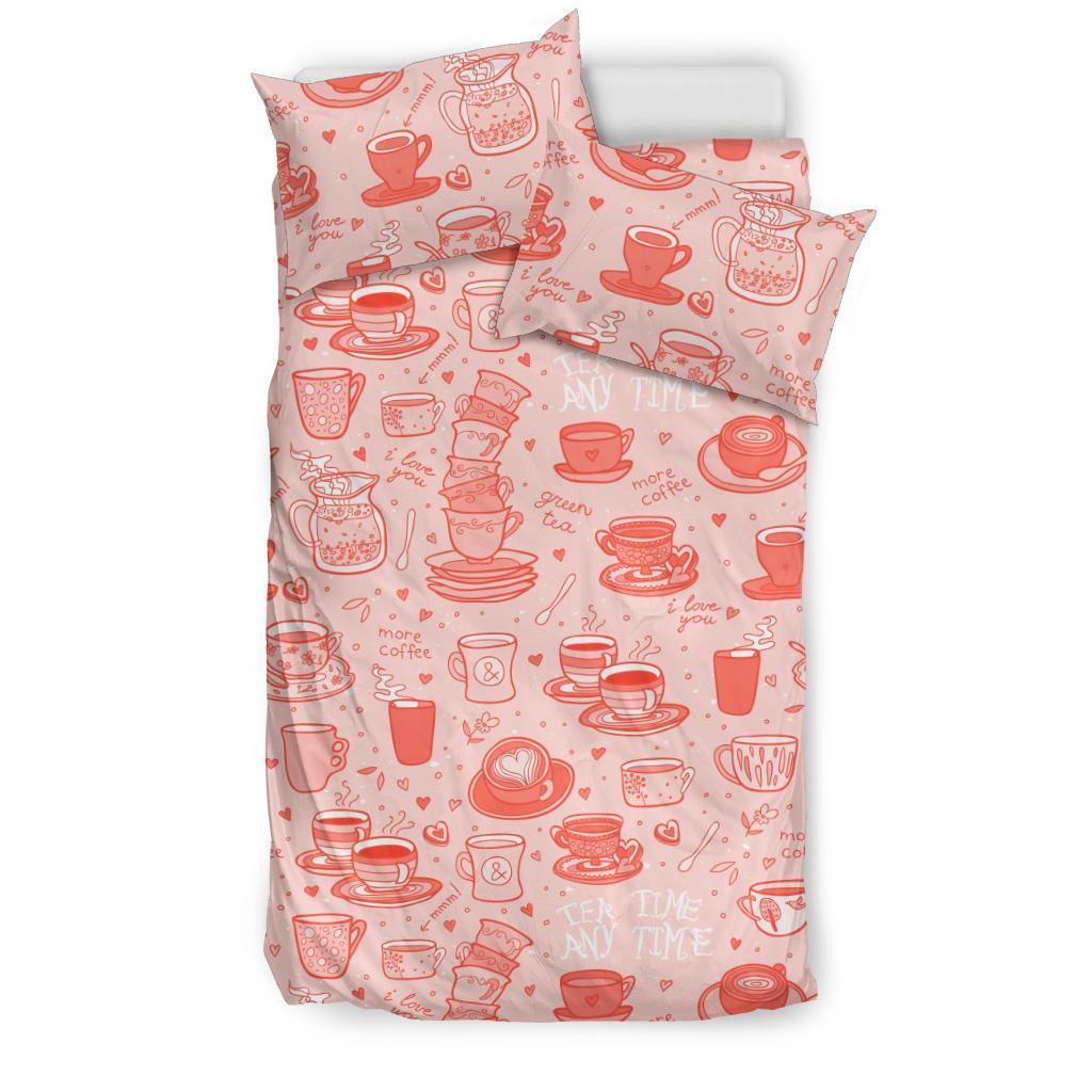 Coffee Pink Pattern Print Duvet Cover Bedding Set-grizzshop