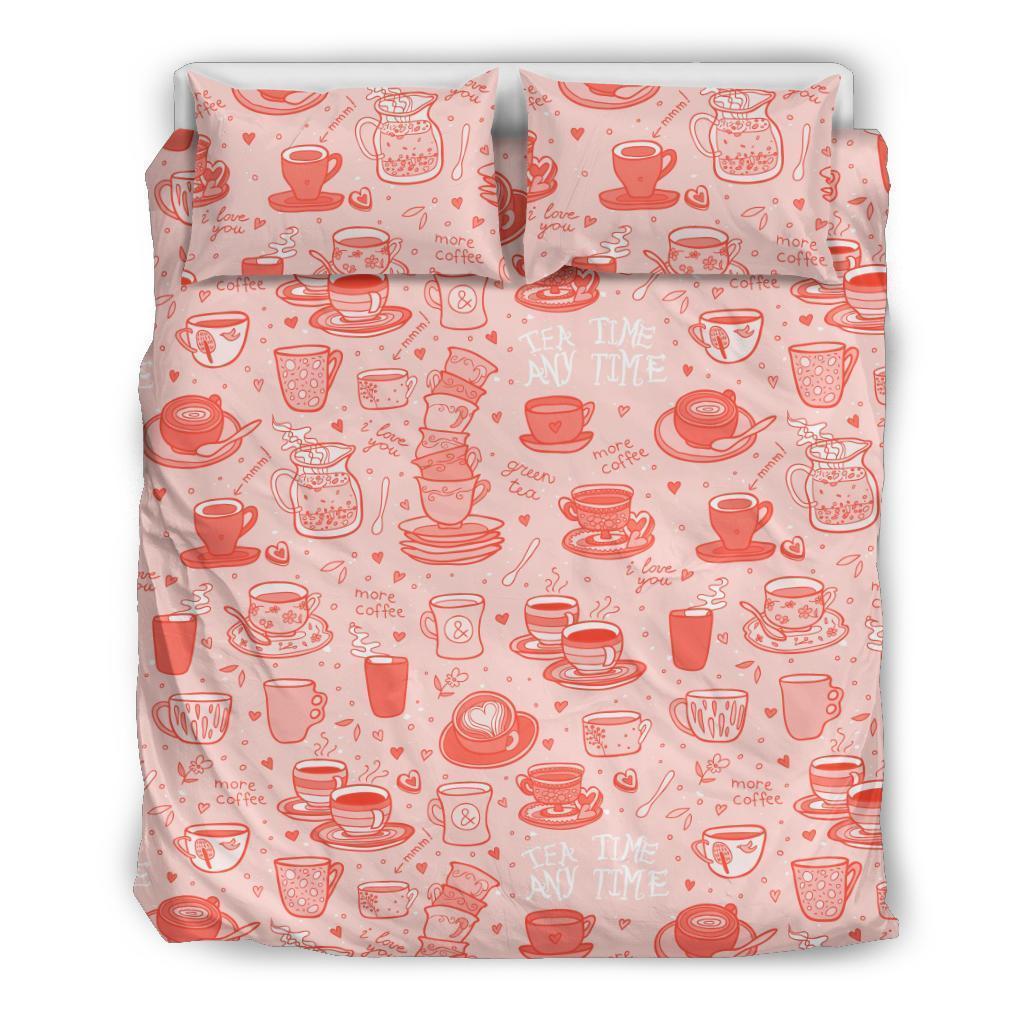 Coffee Pink Pattern Print Duvet Cover Bedding Set-grizzshop