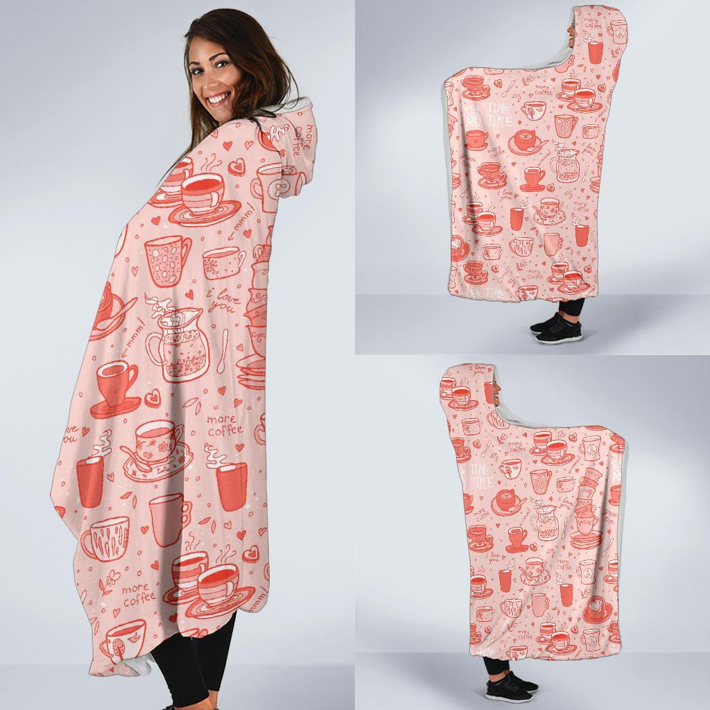 Coffee Pink Pattern Print Hooded Blanket-grizzshop