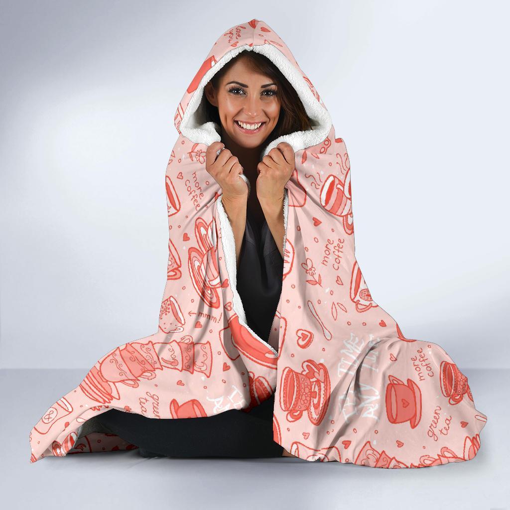 Coffee Pink Pattern Print Hooded Blanket-grizzshop