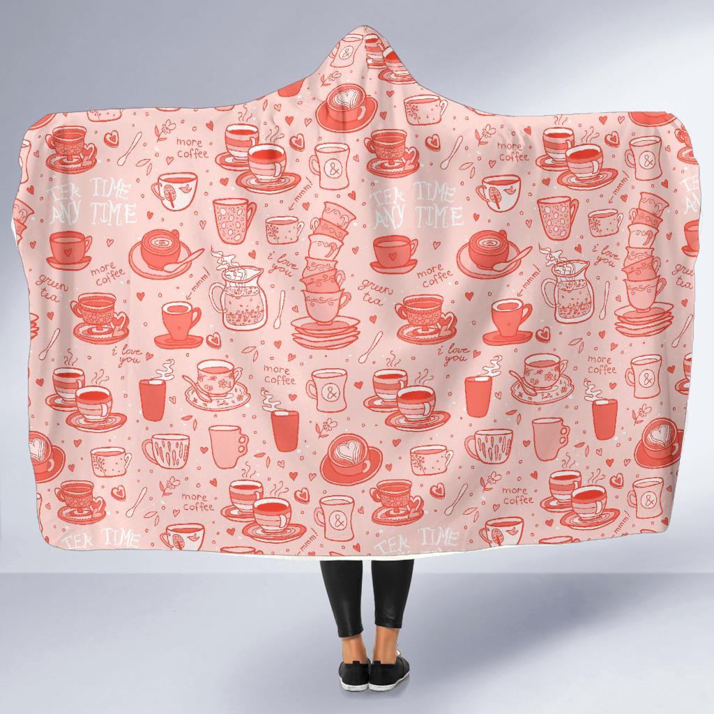 Coffee Pink Pattern Print Hooded Blanket-grizzshop
