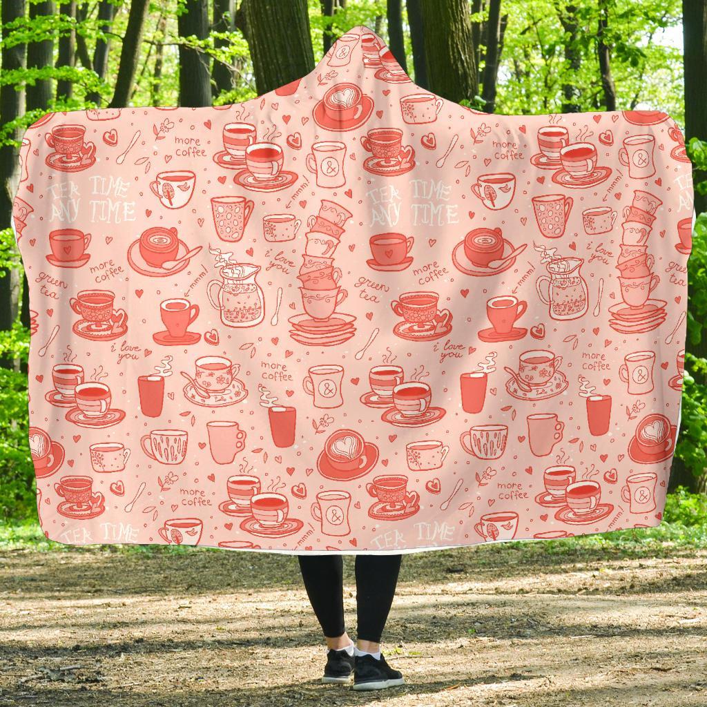 Coffee Pink Pattern Print Hooded Blanket-grizzshop