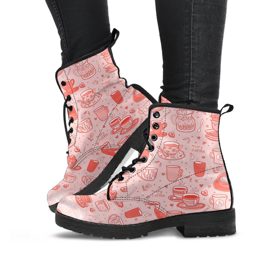 Coffee Pink Pattern Print Men Women Leather Boots-grizzshop