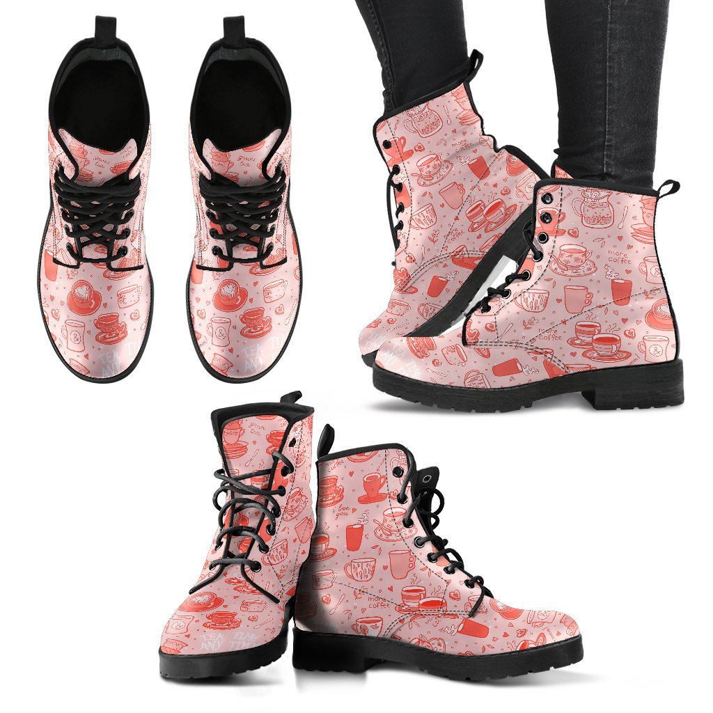Coffee Pink Pattern Print Men Women Leather Boots-grizzshop
