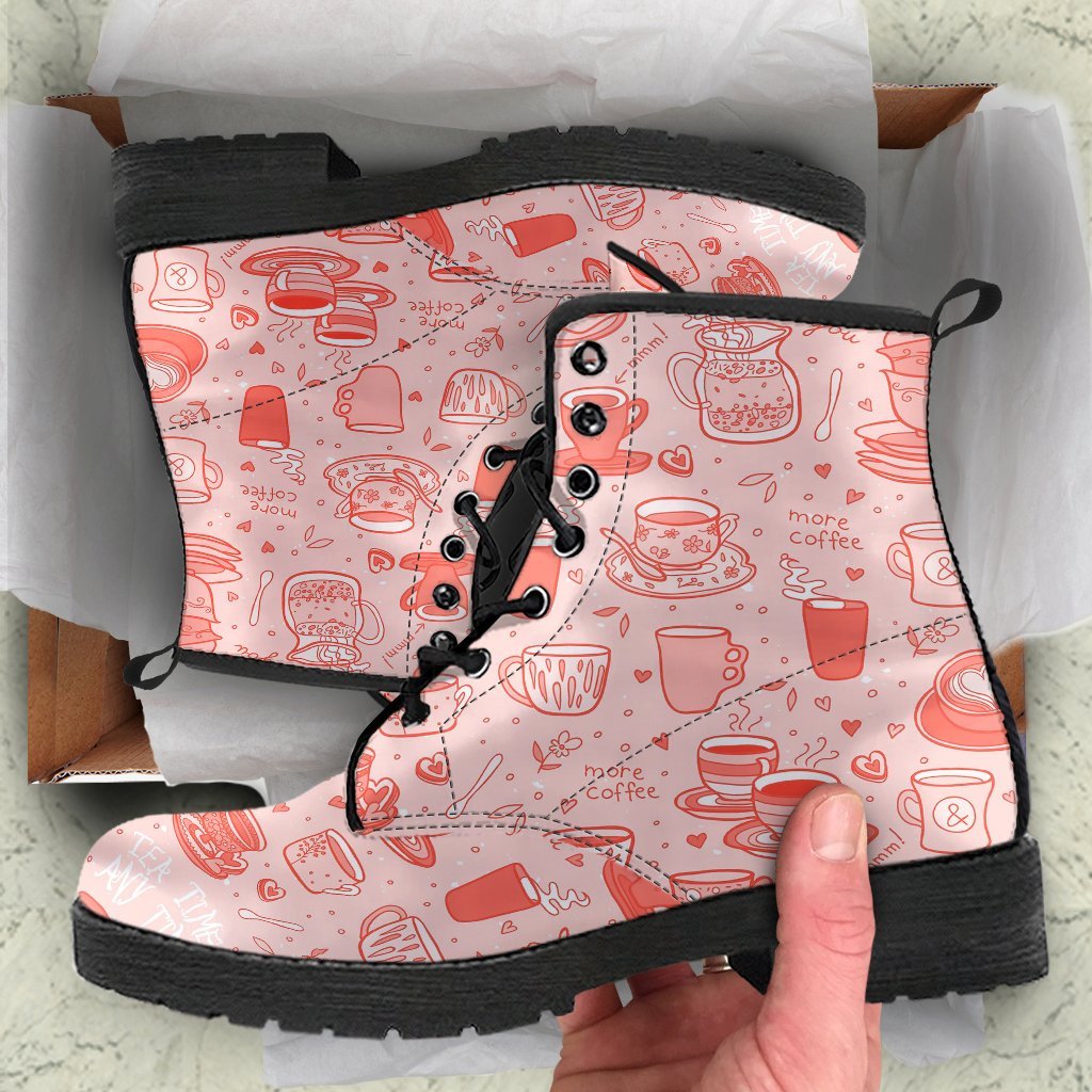 Coffee Pink Pattern Print Men Women Leather Boots-grizzshop