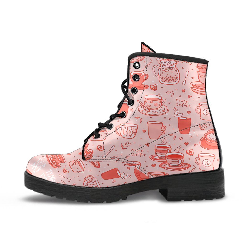Coffee Pink Pattern Print Men Women Leather Boots-grizzshop