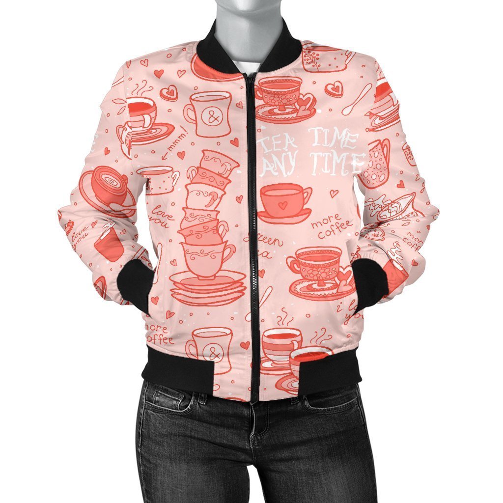 Coffee Pink Pattern Print Women Casual Bomber Jacket-grizzshop