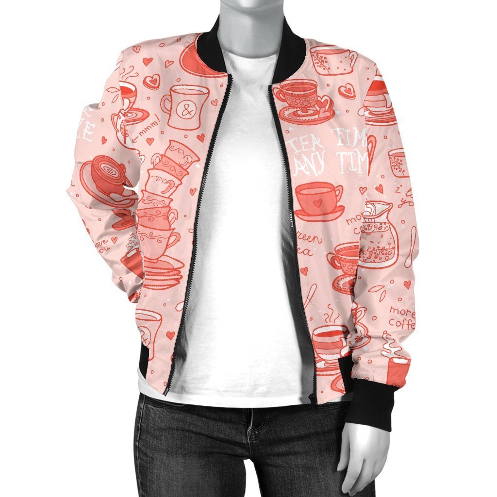Coffee Pink Pattern Print Women Casual Bomber Jacket-grizzshop