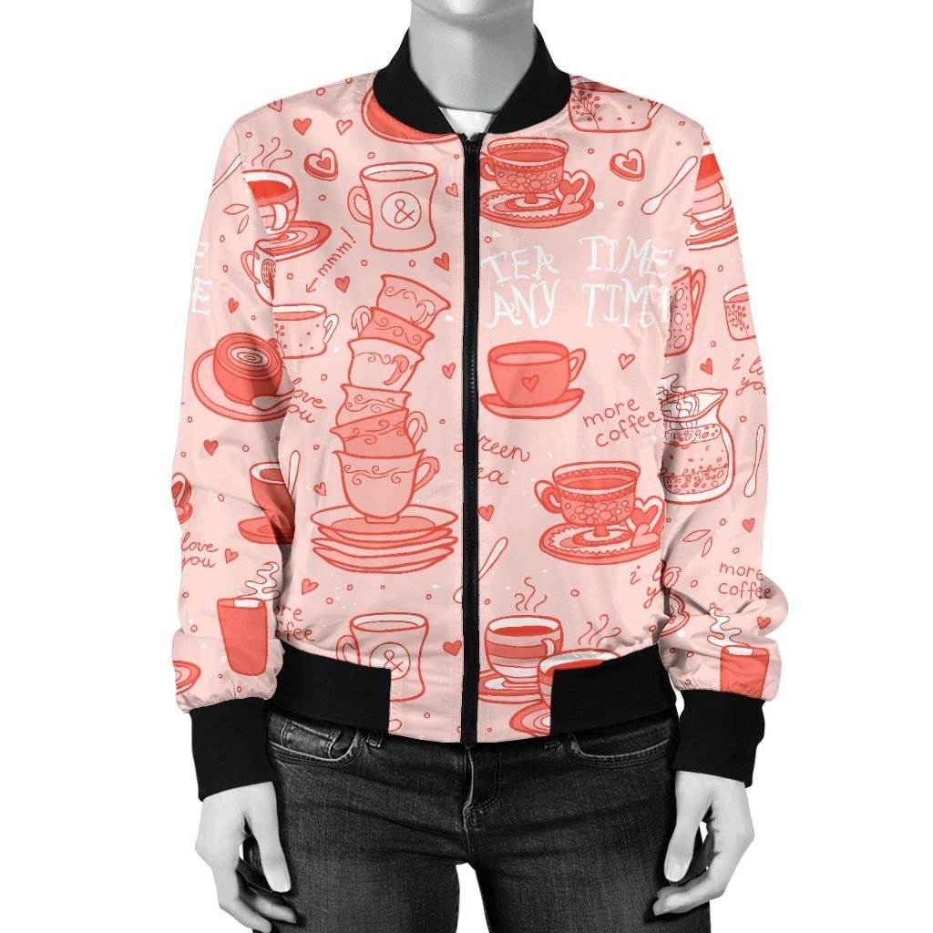 Coffee Pink Pattern Print Women Casual Bomber Jacket-grizzshop