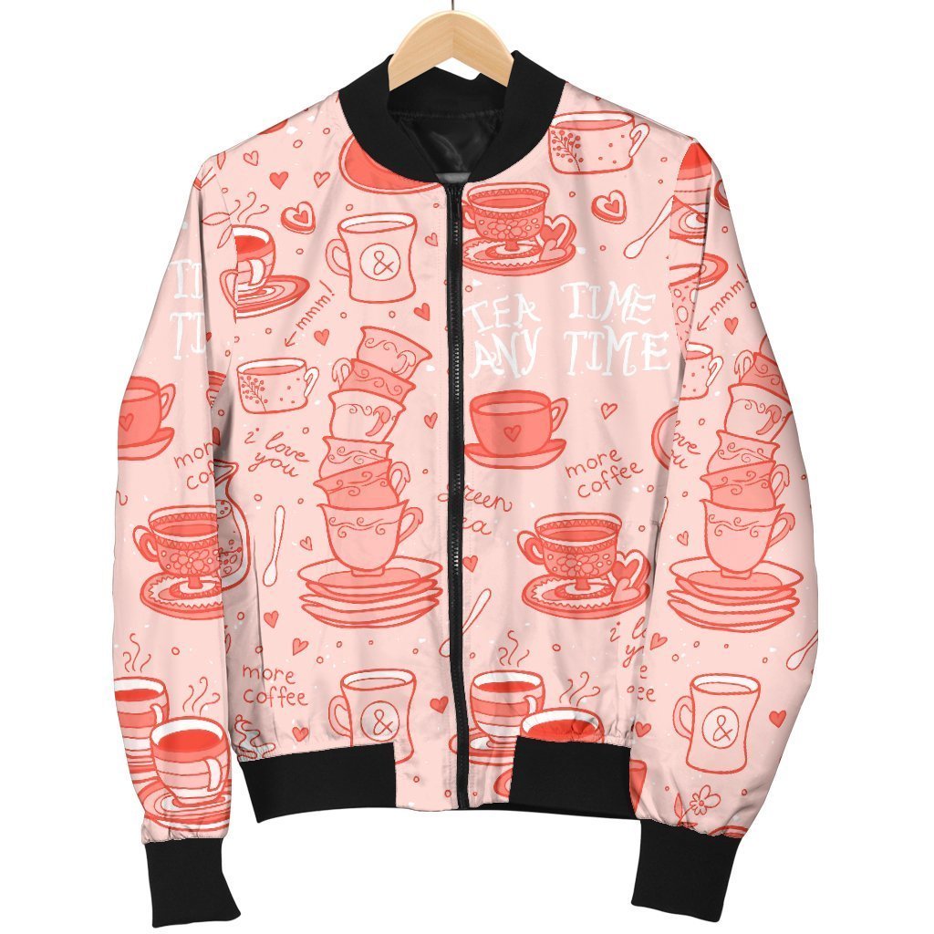 Coffee Pink Pattern Print Women Casual Bomber Jacket-grizzshop