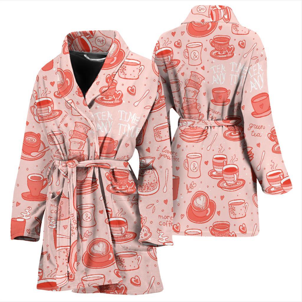 Coffee Pink Pattern Print Women Long Robe-grizzshop