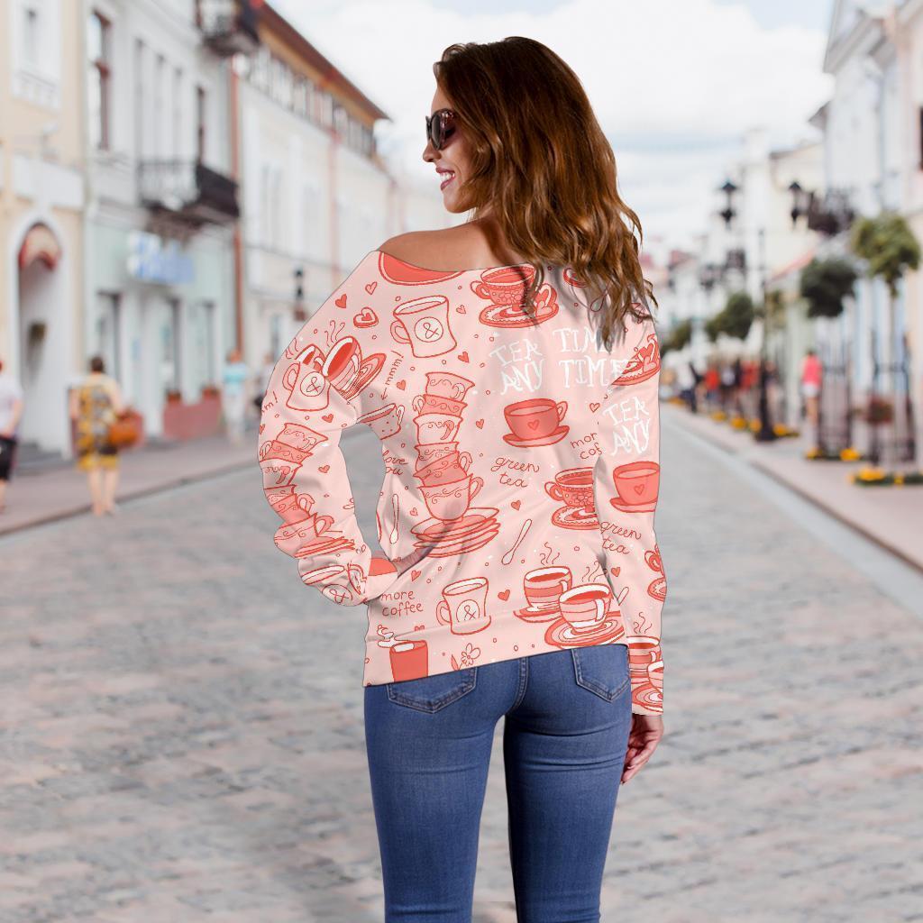 Coffee Pink Pattern Print Women Off Shoulder Sweatshirt-grizzshop