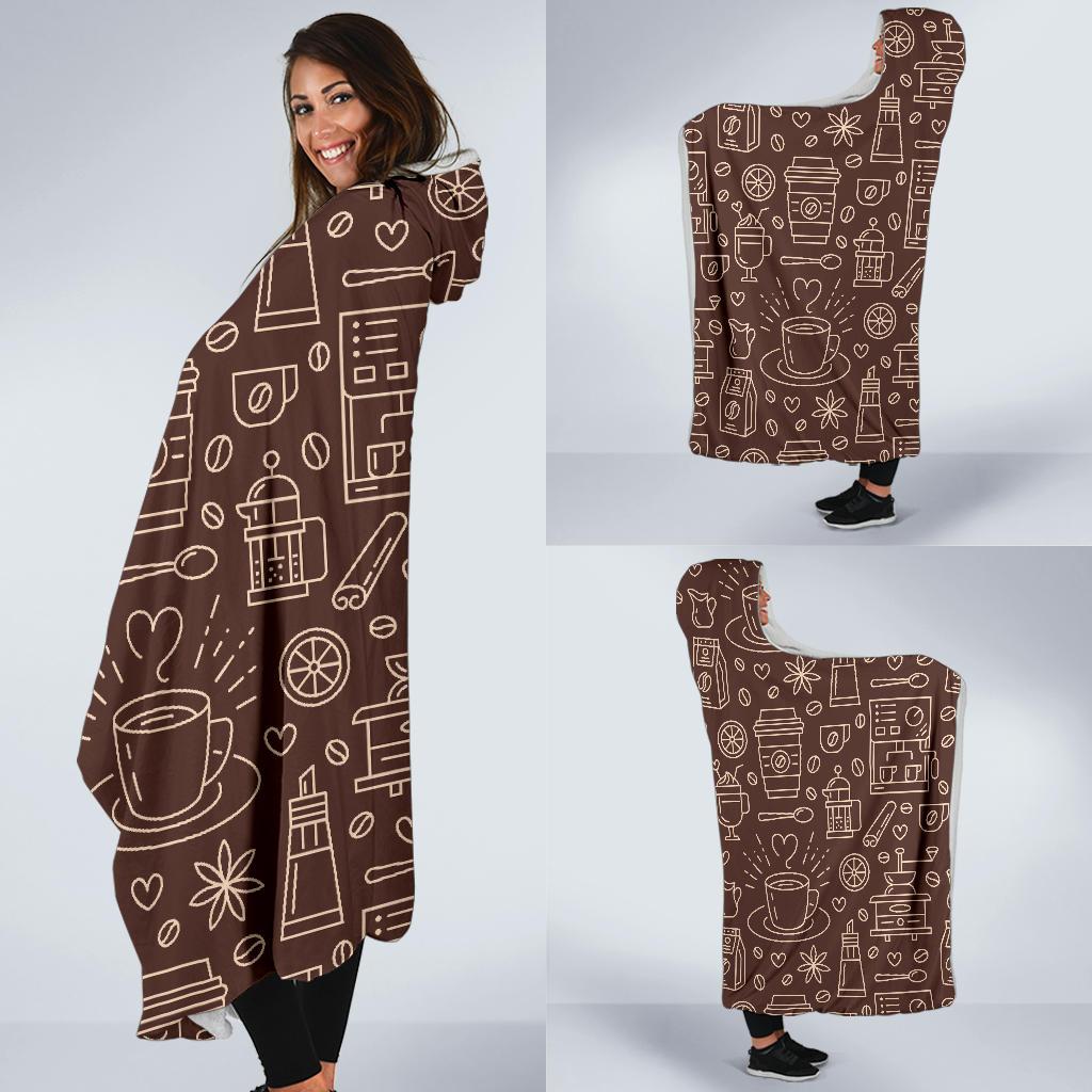 Coffee Print Pattern Hooded Blanket-grizzshop