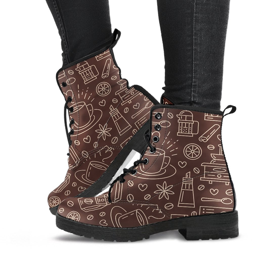 Coffee Print Pattern Men Women Leather Boots-grizzshop