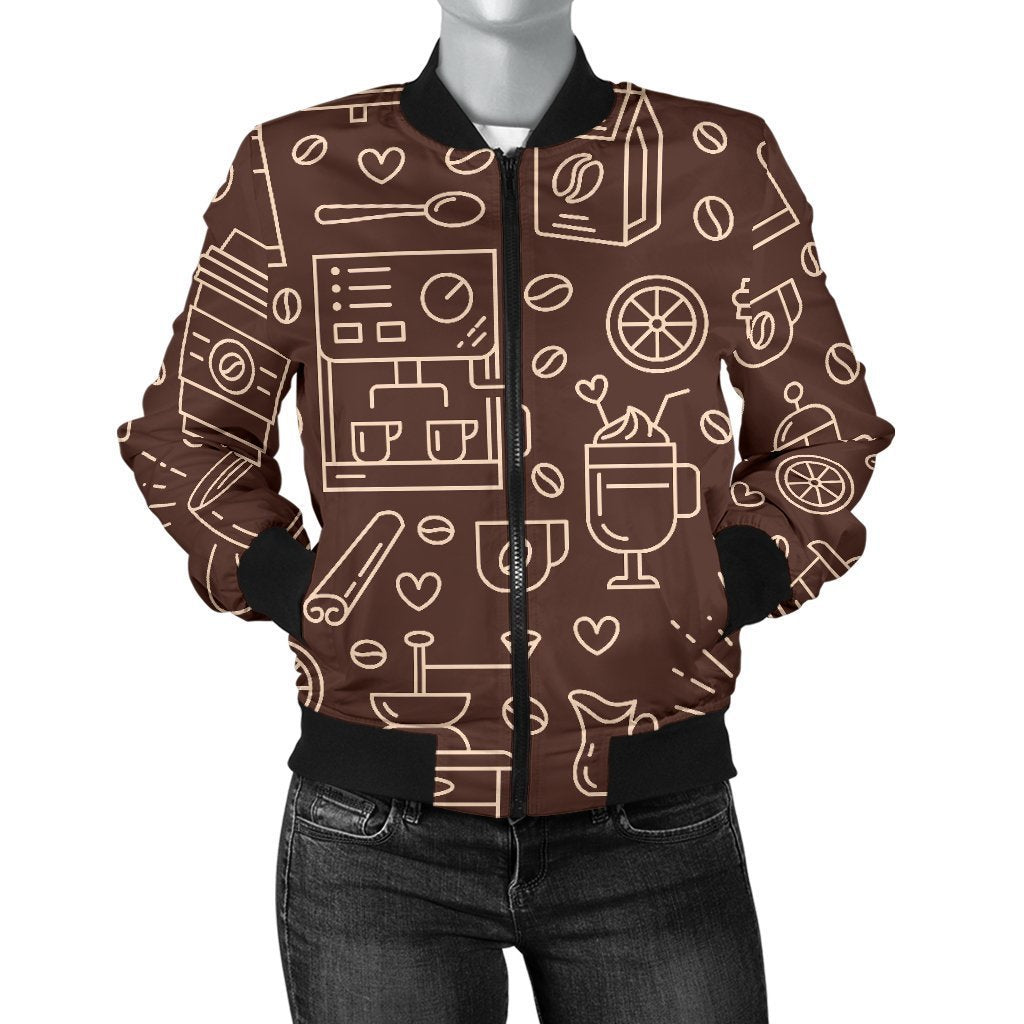 Coffee Print Pattern Women Casual Bomber Jacket-grizzshop