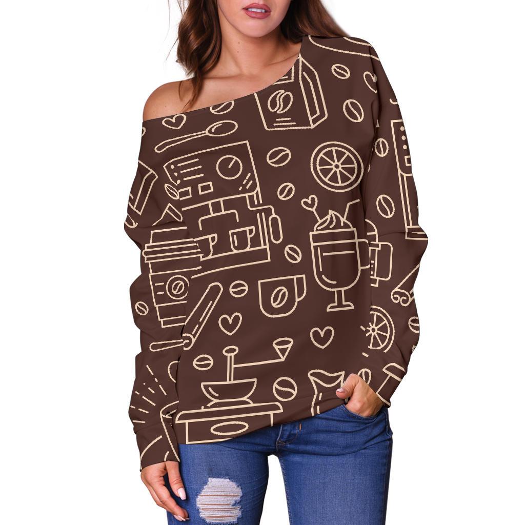 Coffee Print Pattern Women Off Shoulder Sweatshirt-grizzshop