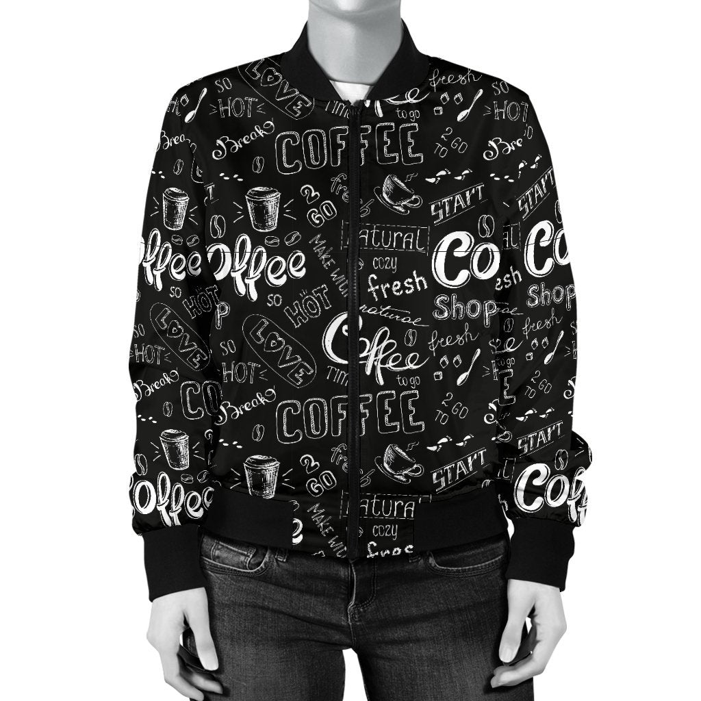Coffee Black Pattern Print Women Casual Bomber Jacket-grizzshop